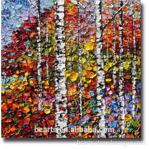 Palette knife colored heavy oil texture birch trees oil painting